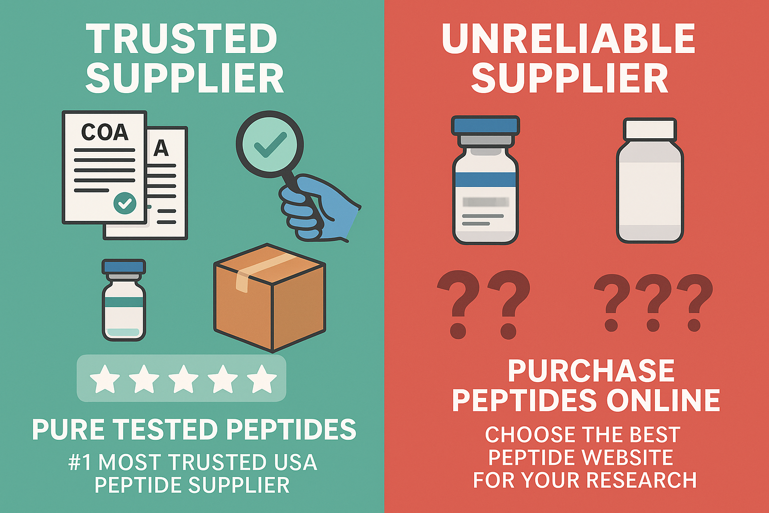 A visual comparison chart (infographic style) demonstrating the distinction between reputable peptide suppliers and those with questionable 