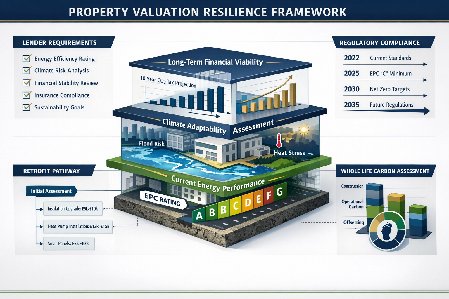 Wide-angle () visualization depicting comprehensive property valuation resilience framework as layered infographic. Central
