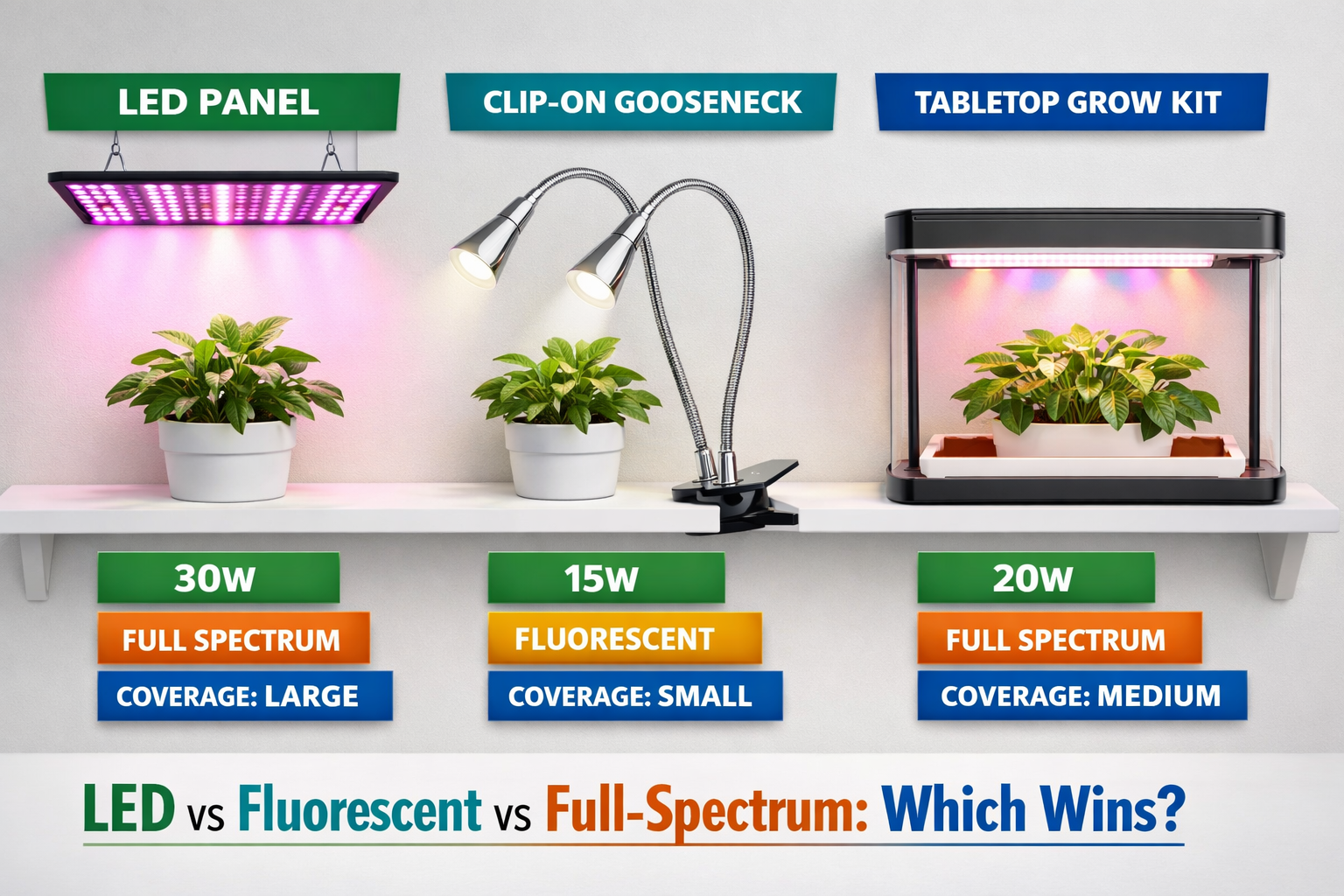 () editorial illustration showing a side-by-side comparison of three types of grow lights — LED panel, clip-on gooseneck