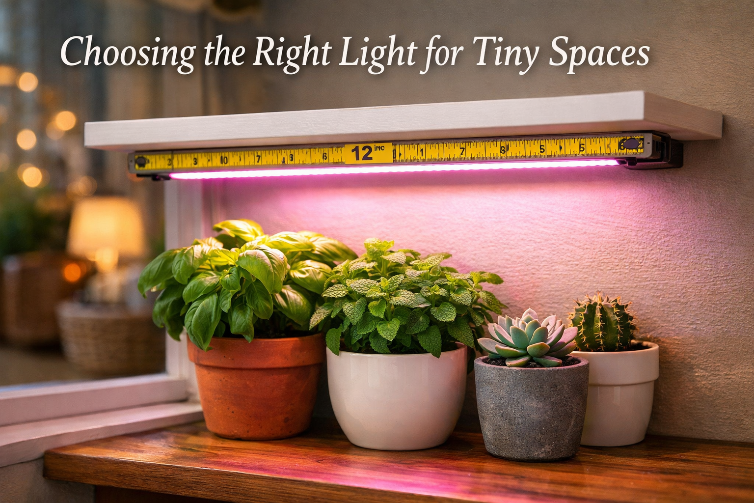 () close-up editorial photo of a compact apartment windowsill setup featuring a sleek LED grow light strip mounted under a