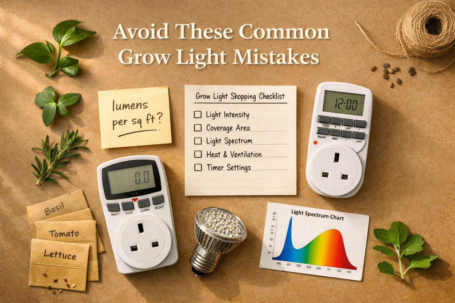 () overhead flat-lay editorial photo showing a neatly arranged grow light shopping checklist on a kraft paper background,