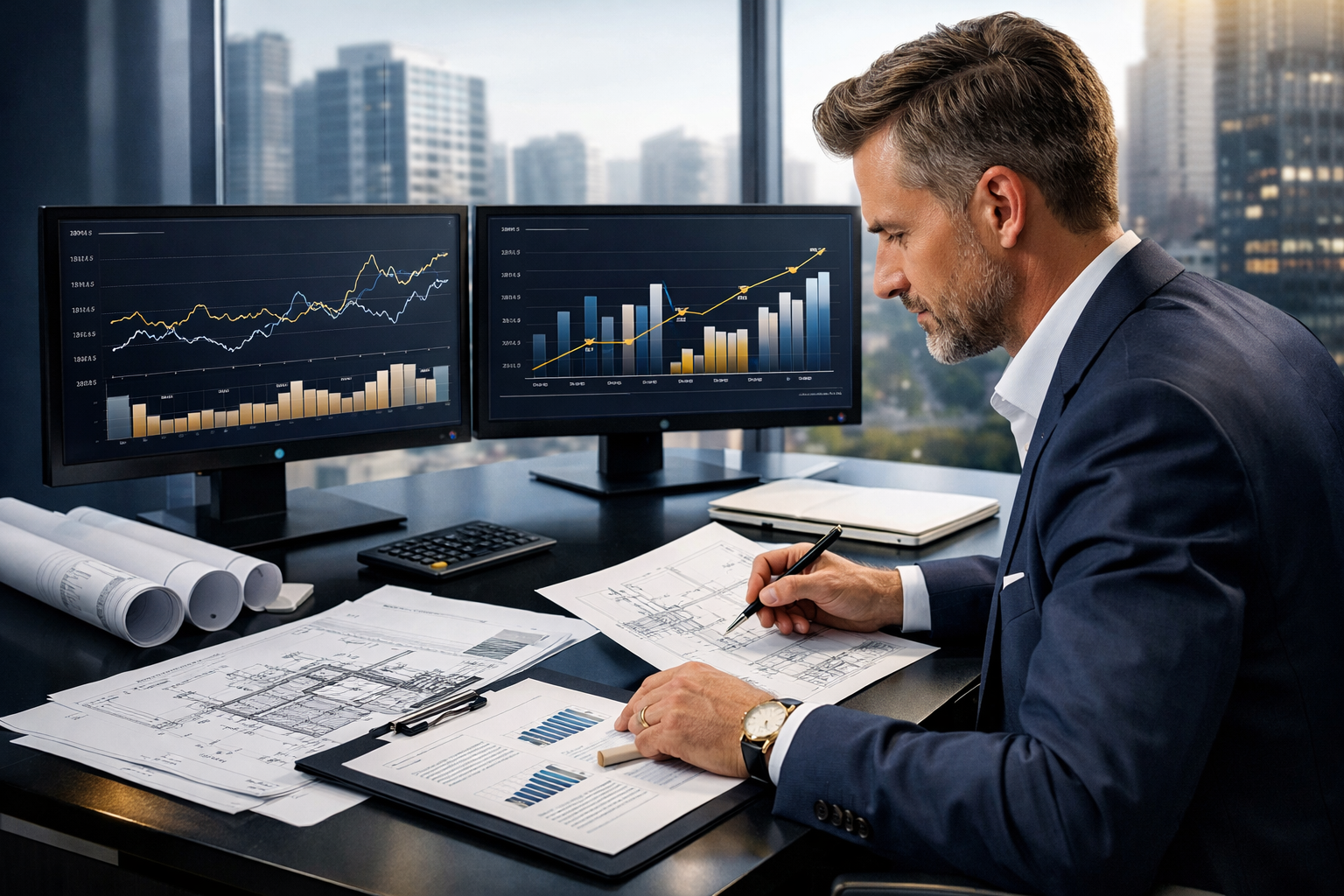 Professional landscape format (1536x1024) editorial hero image showing a modern chartered surveyor in business attire examining architectura