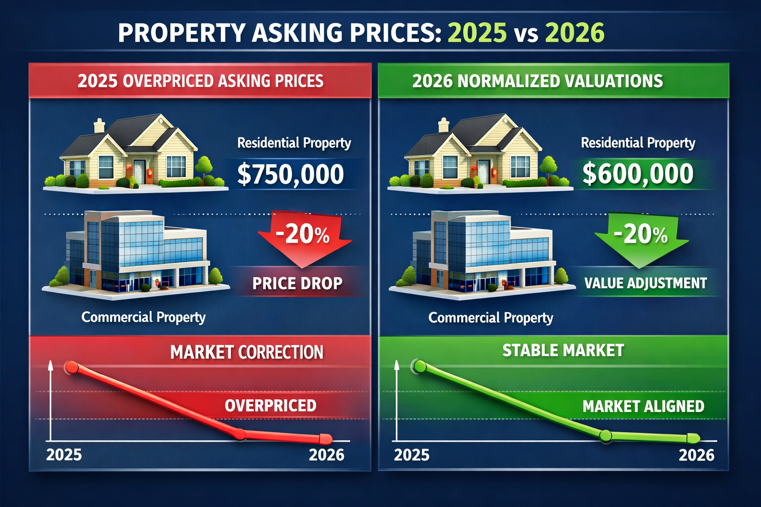 Comprehensive landscape format (1536x1024) infographic-style visualization showing the evolution of property asking prices from 2025 to 2026