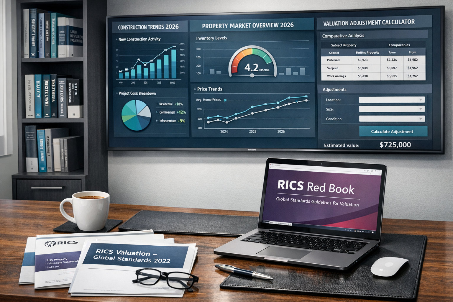 Detailed landscape format (1536x1024) image showing a modern surveyor's office workspace with large wall-mounted screens displaying comprehe