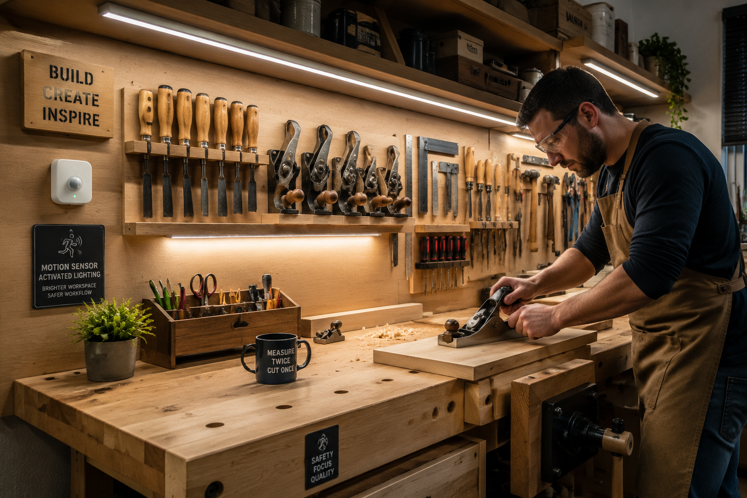 A detailed landscape image () showcasing a workbench area in a woodworking shop, brightly illuminated by precisely installed