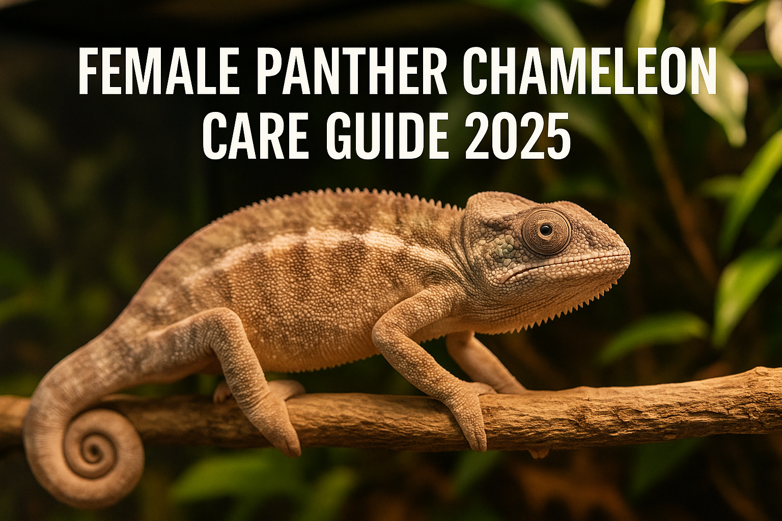 Professional landscape hero image (1536x1024) featuring a stunning female panther chameleon perched on natural Madagascar branch with muted