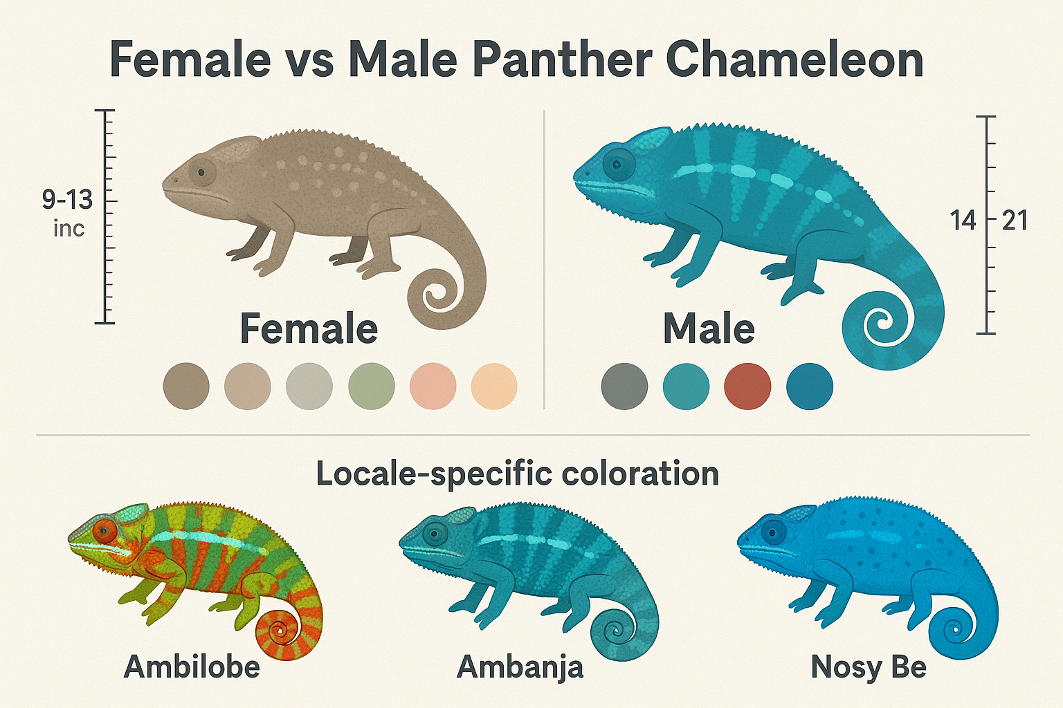 Detailed comparison chart showing female vs male panther chameleon size differences with silhouettes - female 9-13 inches vs male 14-21 inch