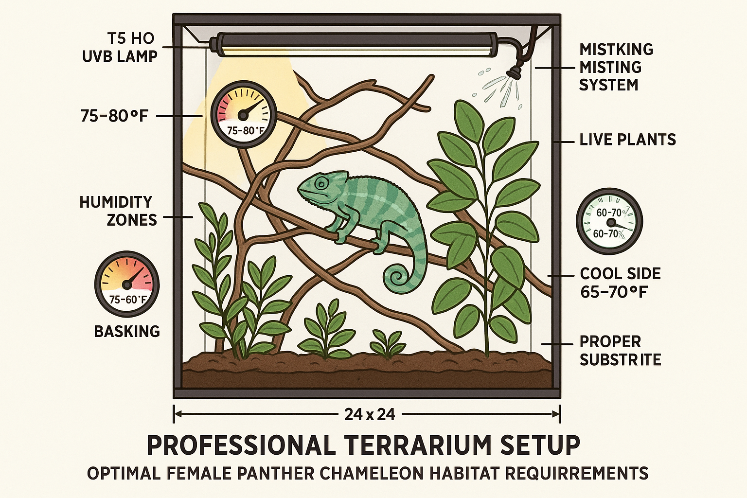 Professional terrarium setup diagram showing optimal female panther chameleon habitat requirements. Cross-section view displaying temperatur
