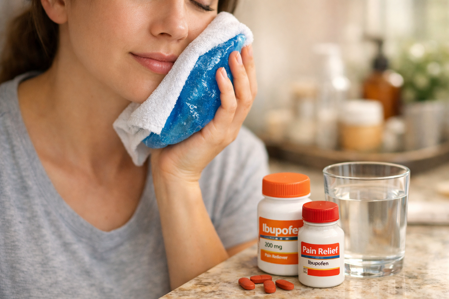A visually distinct () image showing a close-up of a person gently applying a cold compress to their cheek, with a blurred