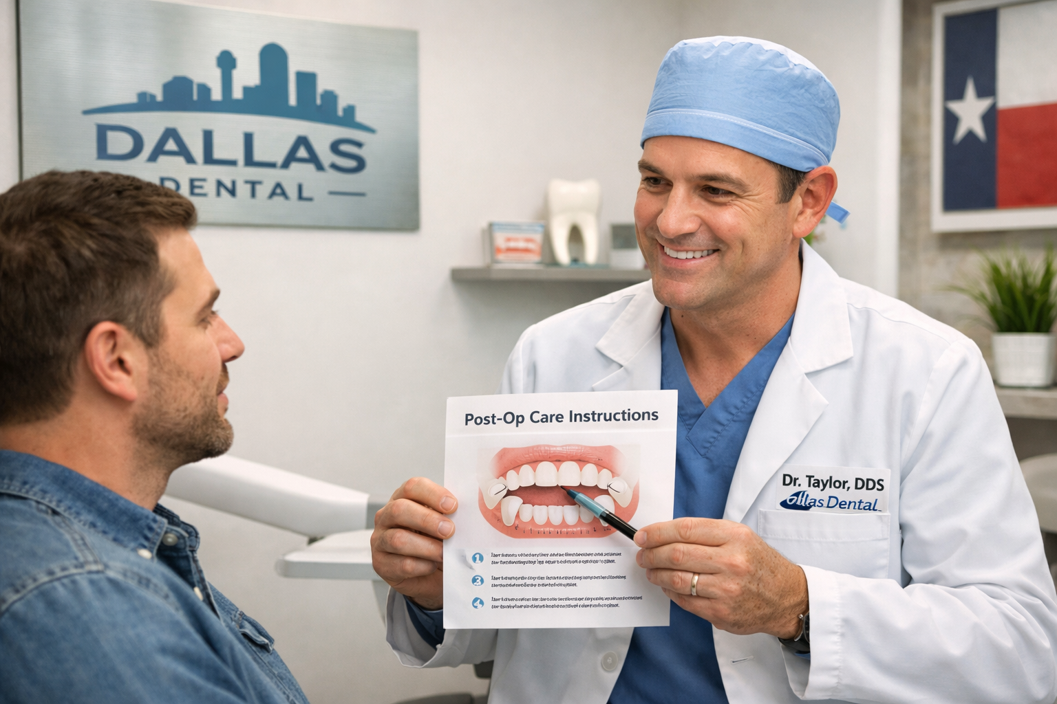 A distinct () image depicting a patient having a calm, reassuring consultation with a dentist or oral surgeon in a modern