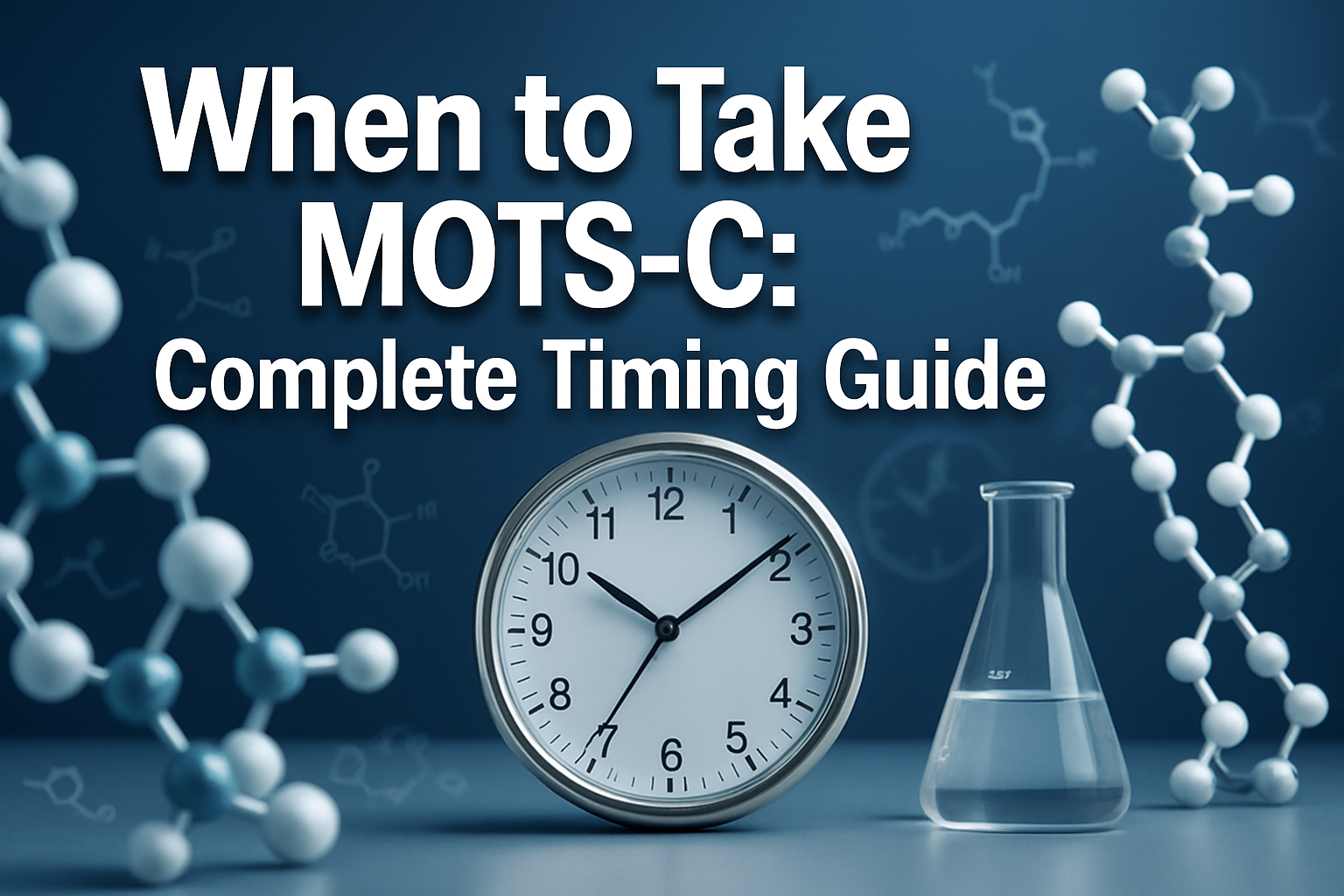 Professional landscape hero image (1536x1024) featuring bold text overlay 'When to Take MOTS-C: Complete Timing Guide' in extra large 72pt w