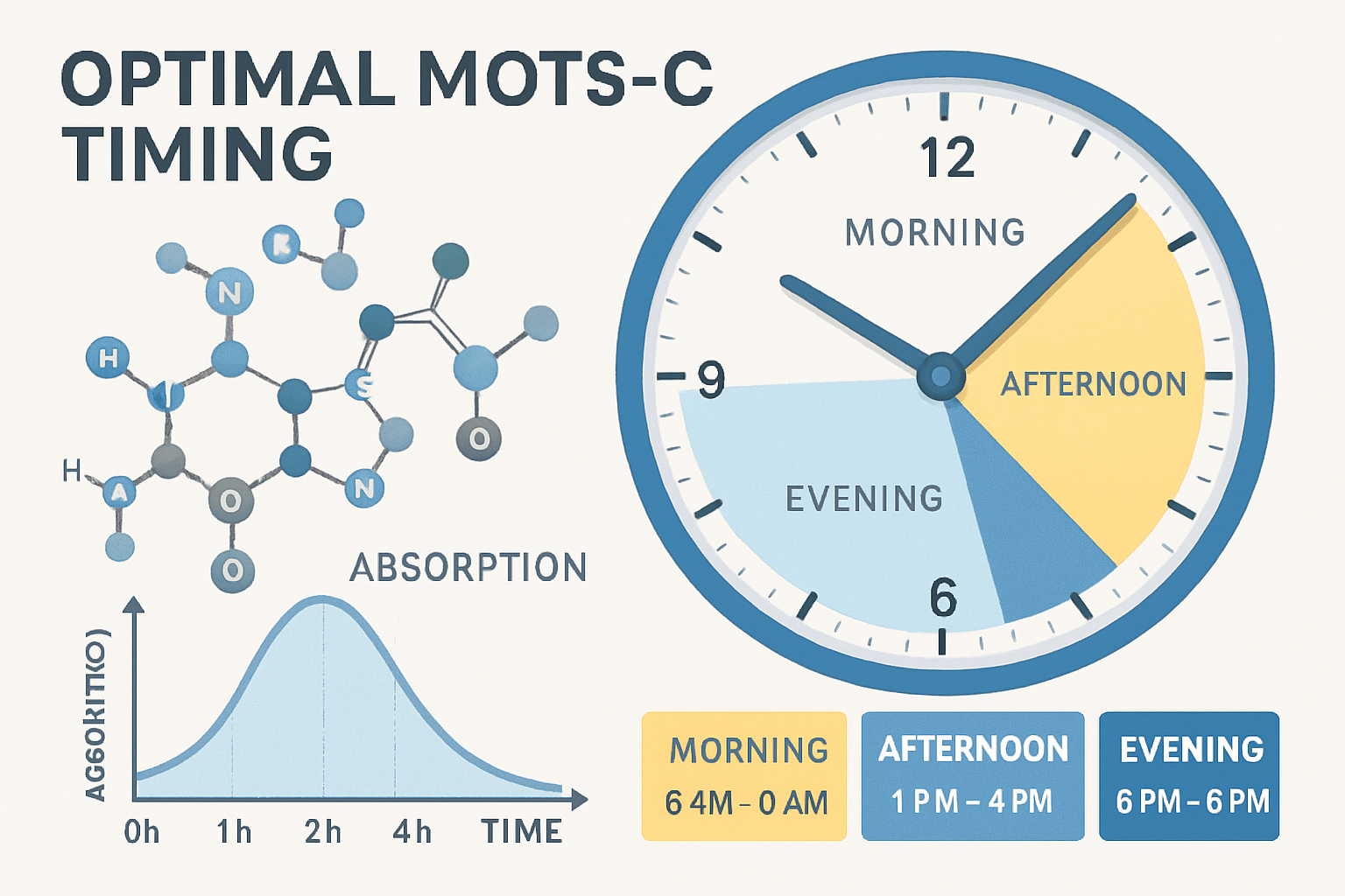 Detailed infographic showing optimal MOTS-C timing schedule with clock face displaying morning, afternoon, and evening periods. Visual eleme