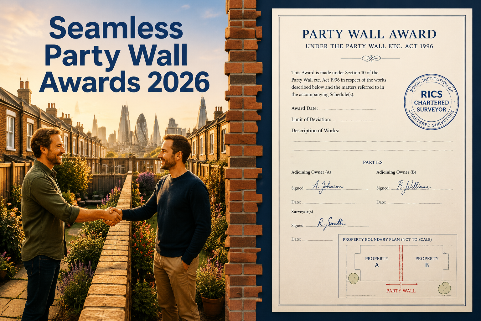 Detailed () split-screen concept illustration: left side shows two property owners shaking hands across a shared garden