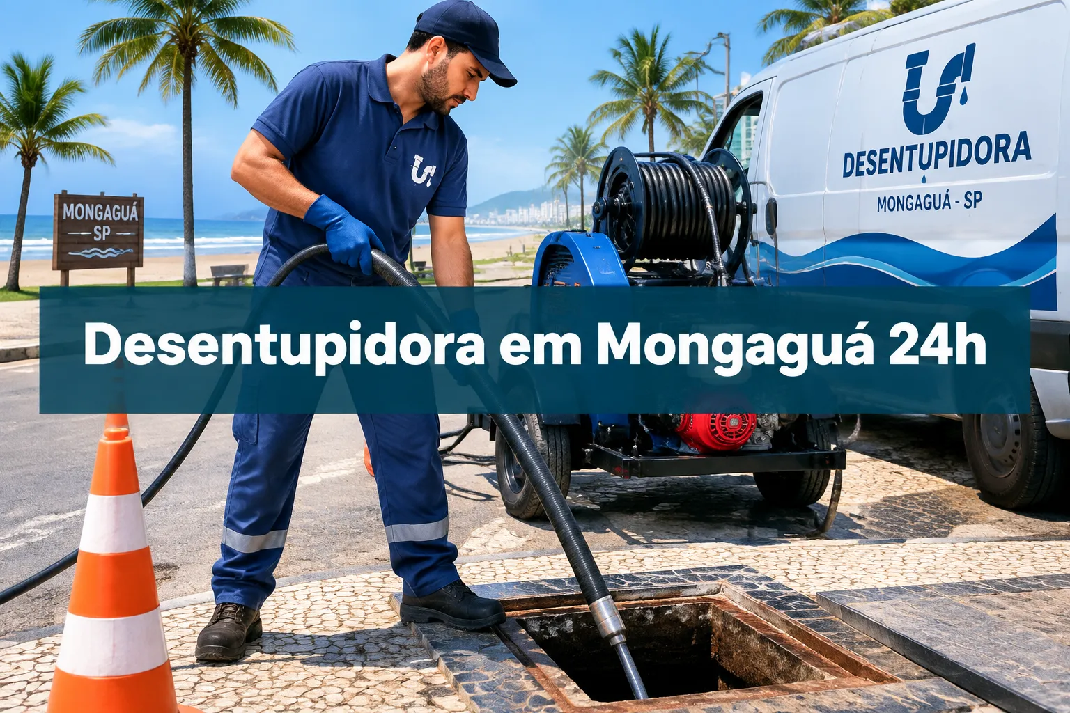 Professional () hero image with SHORT (≤42 chars): 'Desentupidora em Mongaguá 24h', white on a dark teal semi-transparent