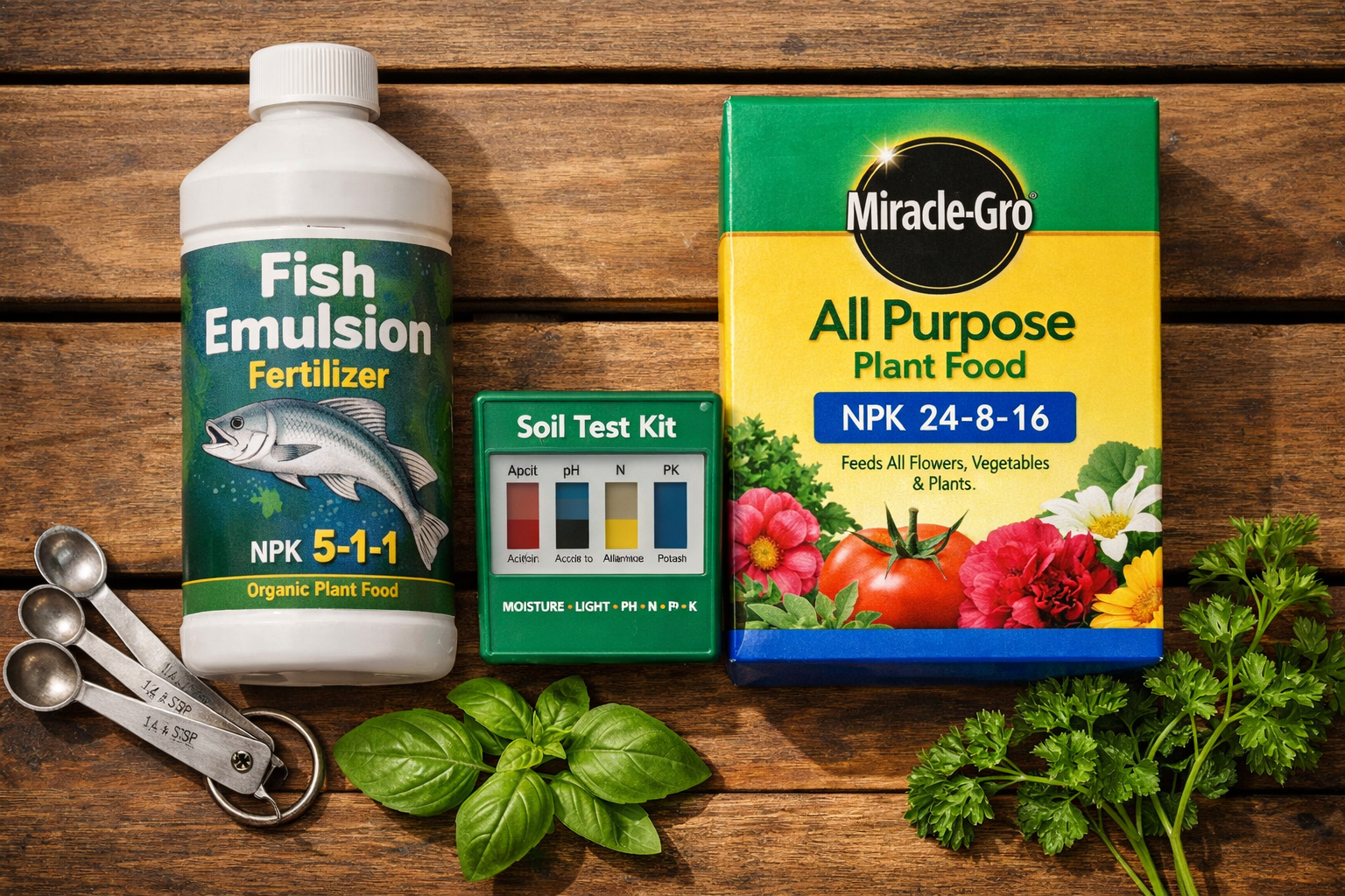 Close-up flat-lay comparison image on a wooden garden table showing a bottle of fish emulsion fertilizer next to a box of