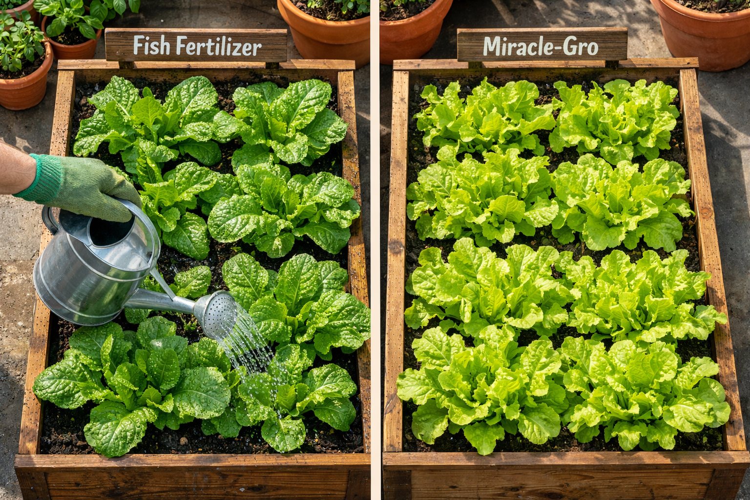 Split-panel overhead view of two identical small raised garden beds side by side — left bed labeled 'Fish Fertilizer' with