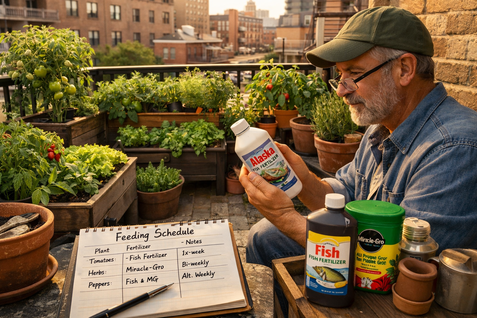 Wide-angle shot of a small apartment balcony garden in an urban USA setting, showing compact containers with vegetables and
