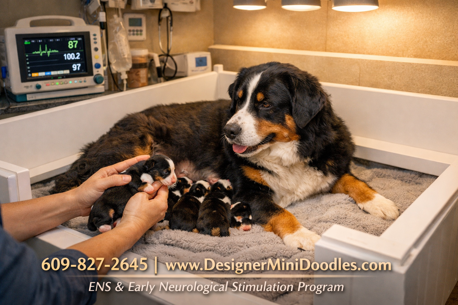 () behind-the-scenes photograph of a professional puppy whelping room showing a clean white whelping box with a mother
