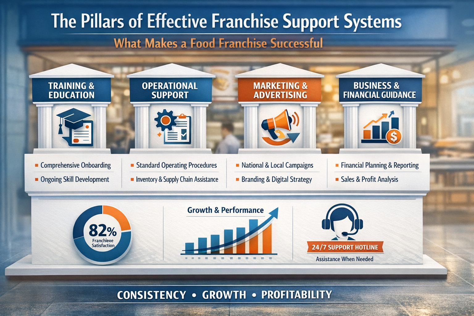 Professional infographic for article "Franchise Support Systems: What Makes a Food Franchise Successful", section: "The Pillars of Effective