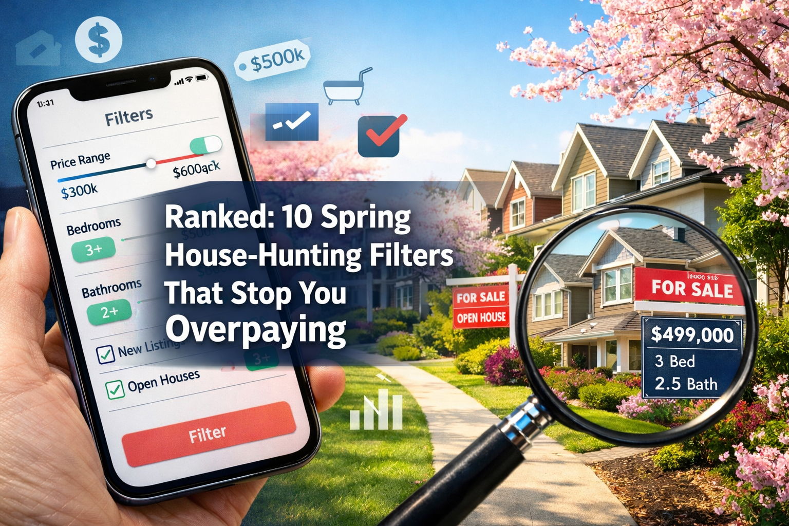 Professional landscape format (1536x1024) editorial hero image featuring bold text overlay 'Ranked: 10 Spring House-Hunting Filters That Sto