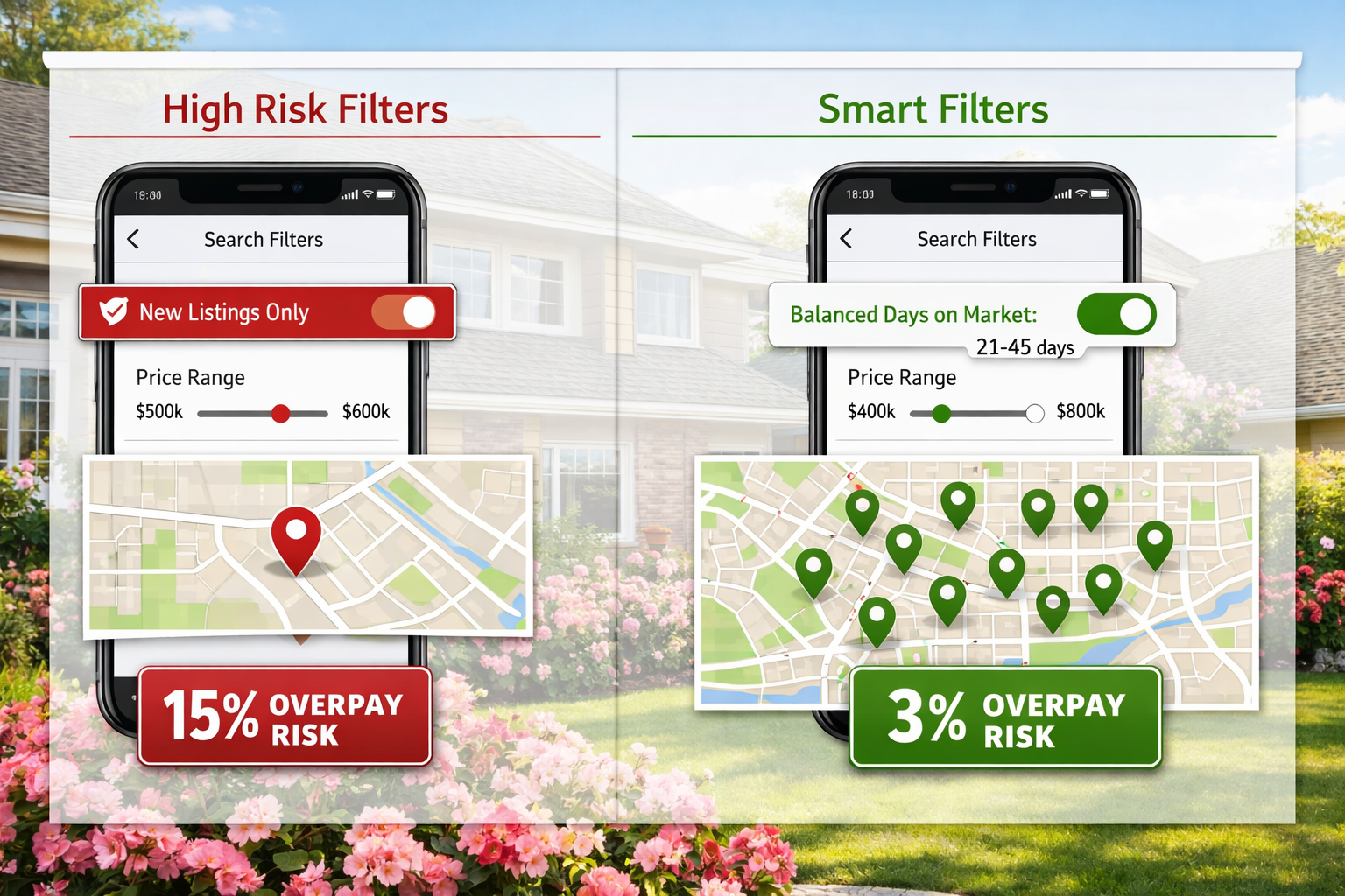 Landscape format (1536x1024) detailed infographic showing smartphone screen displaying real estate search filters with highlighted toggles f