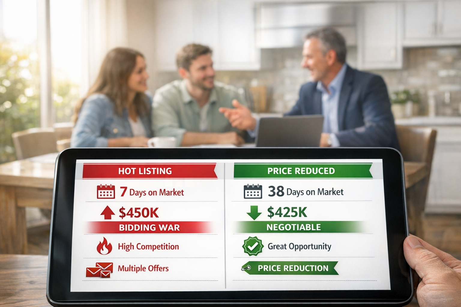 Landscape format (1536x1024) professional comparison chart showing two home listings side-by-side on tablet screen in foreground. Left listi