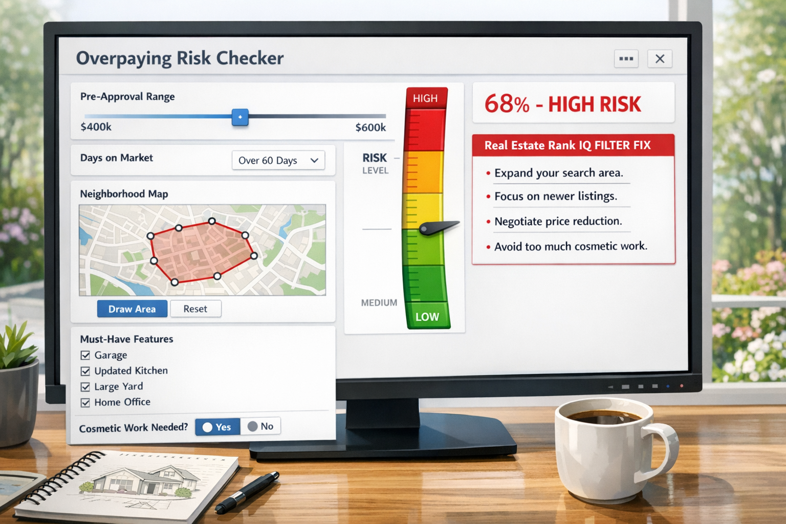Landscape format (1536x1024) detailed illustration of interactive dashboard on large desktop monitor showing 'Overpaying Risk Checker' tool 
