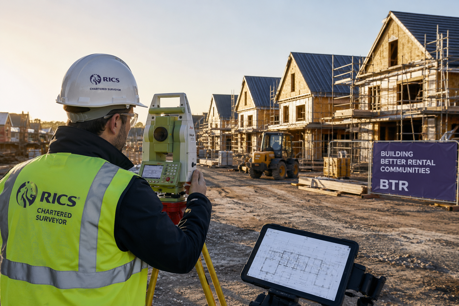 Wide-angle ground-level perspective showing a RICS-certified chartered surveyor in high-visibility vest and hard hat using a