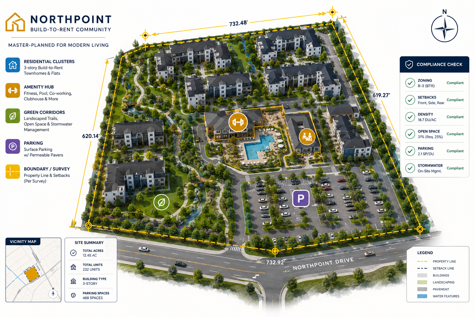 Overhead isometric-style infographic illustration showing a master-planned build-to-rent neighborhood layout with