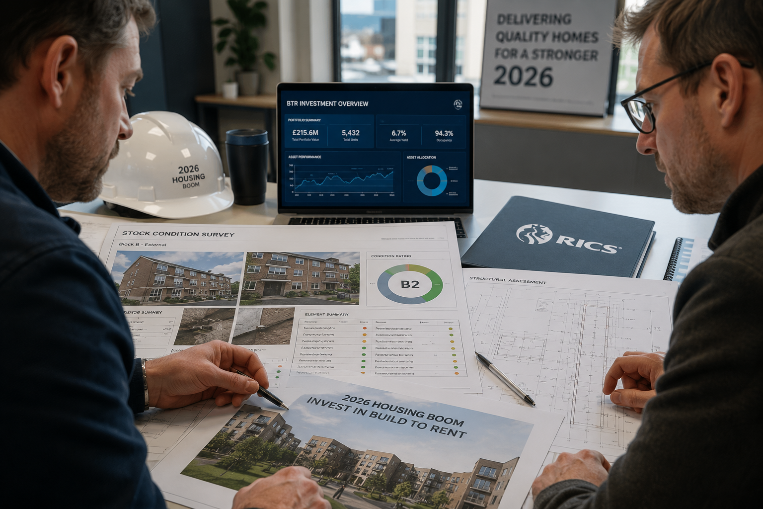 Close-up editorial photograph of two professional surveyors reviewing a large-format stock condition survey report and