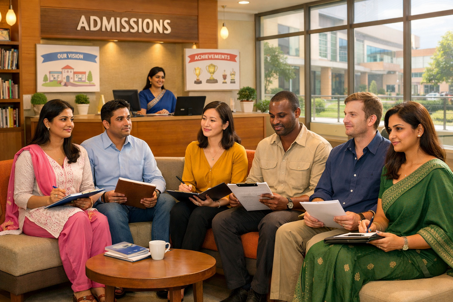 Professional school admissions scene in Gurgaon showing diverse parents sitting in a modern school reception area with comfortable seating, 
