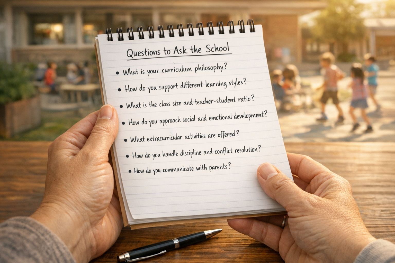 Close-up view of parent's hands holding a thoughtfully prepared list of questions on a notepad, with a pen nearby. The questions are clearly
