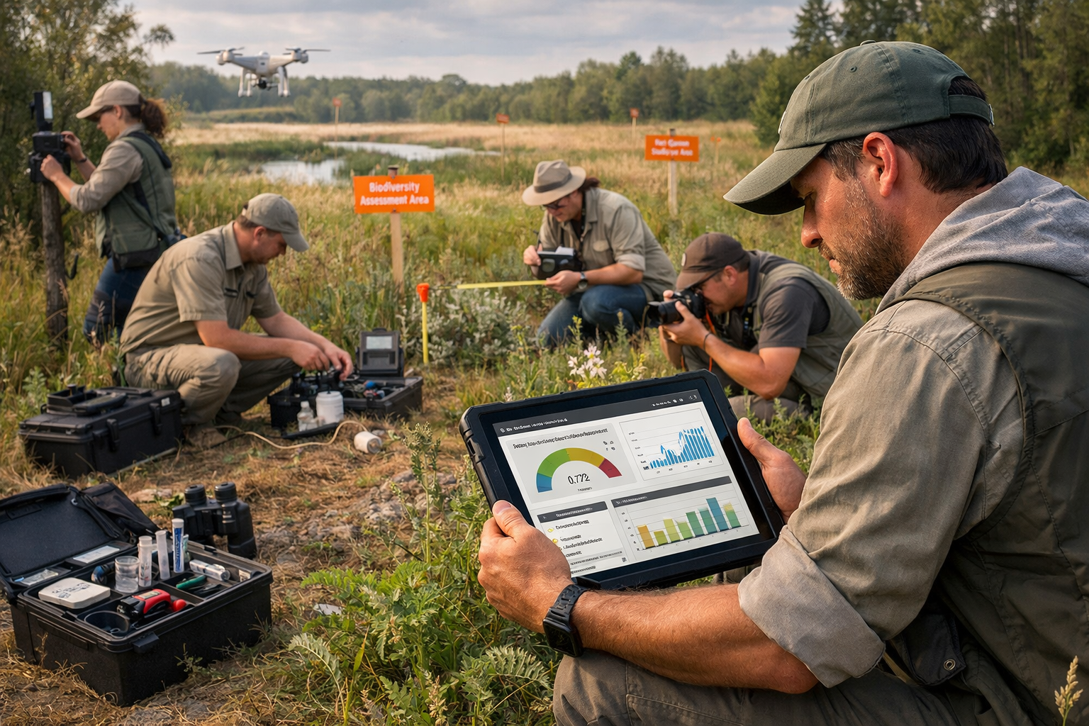 () detailed scene of ecology field survey team implementing scenario modeling protocols in diverse habitat. Foreground shows