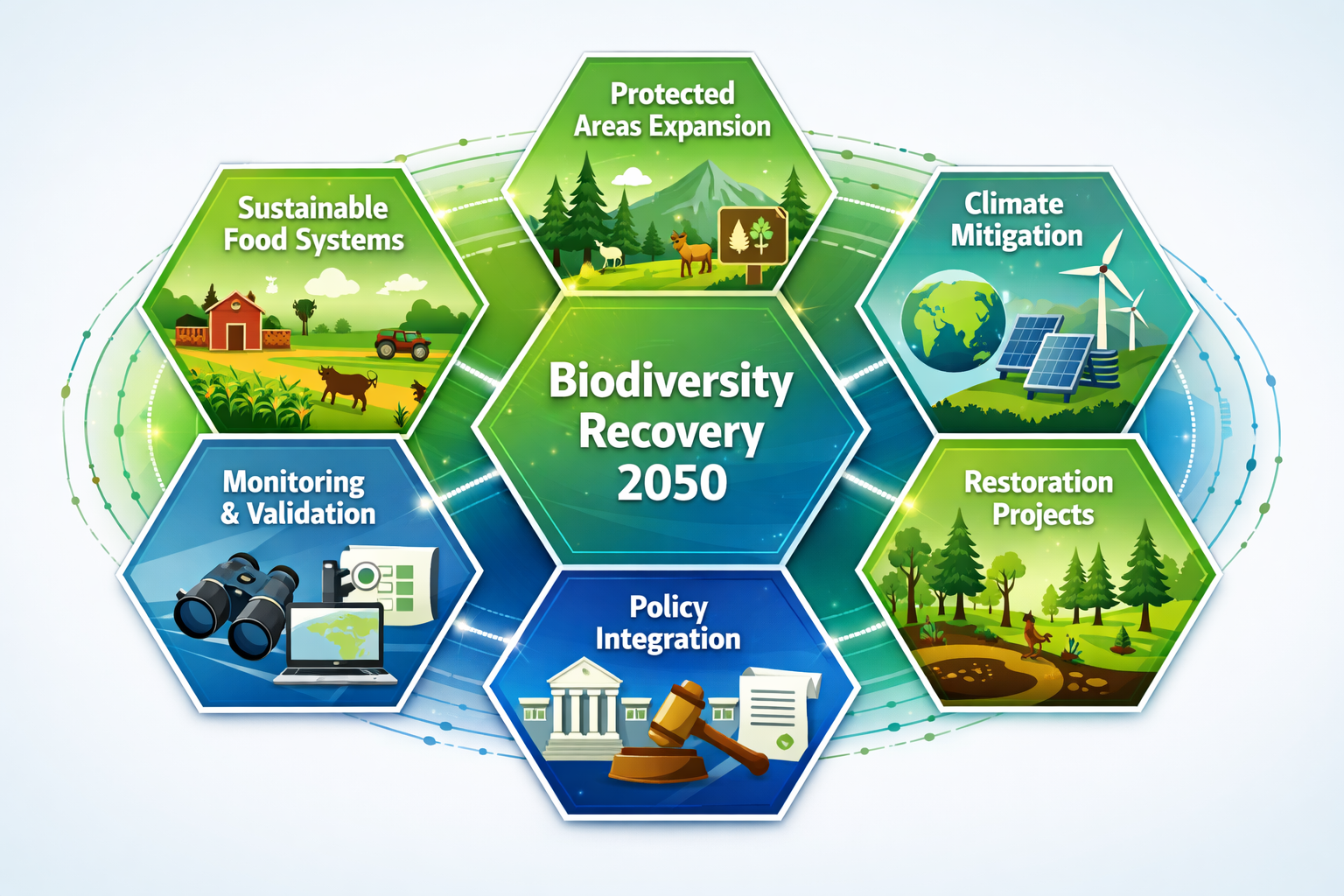 () conceptual illustration showing integrated cross-sectoral biodiversity framework as interconnected hexagonal modules.