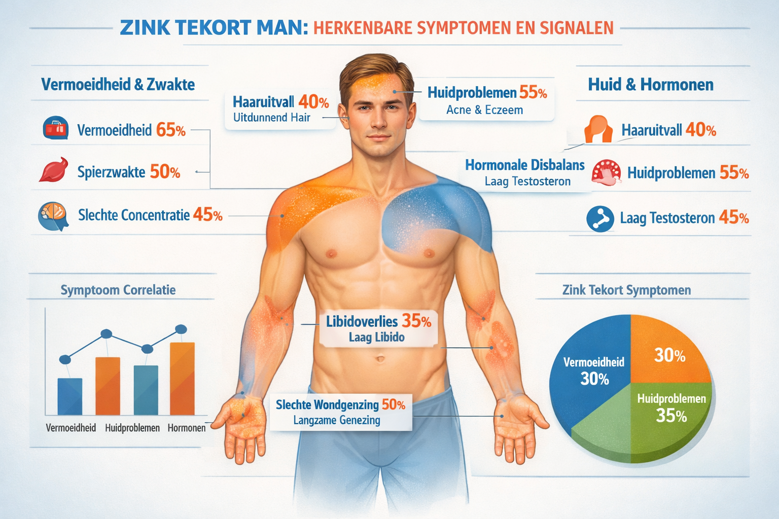 Diagnostic visualization for 'Zink Tekort Man: Herkenbare Symptomen en Signalen' depicting male figure with overlaid symptom indicators: fat
