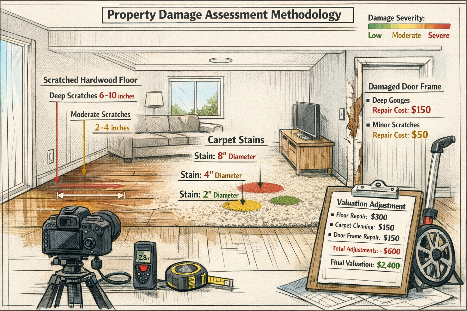 () technical illustration of property damage assessment methodology showing cross-section view of rental property interior
