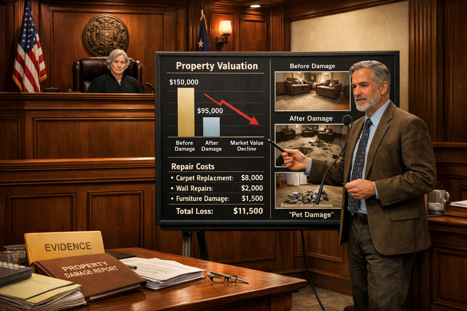 () courtroom scene illustration showing expert witness surveyor presenting evidence with large display board featuring