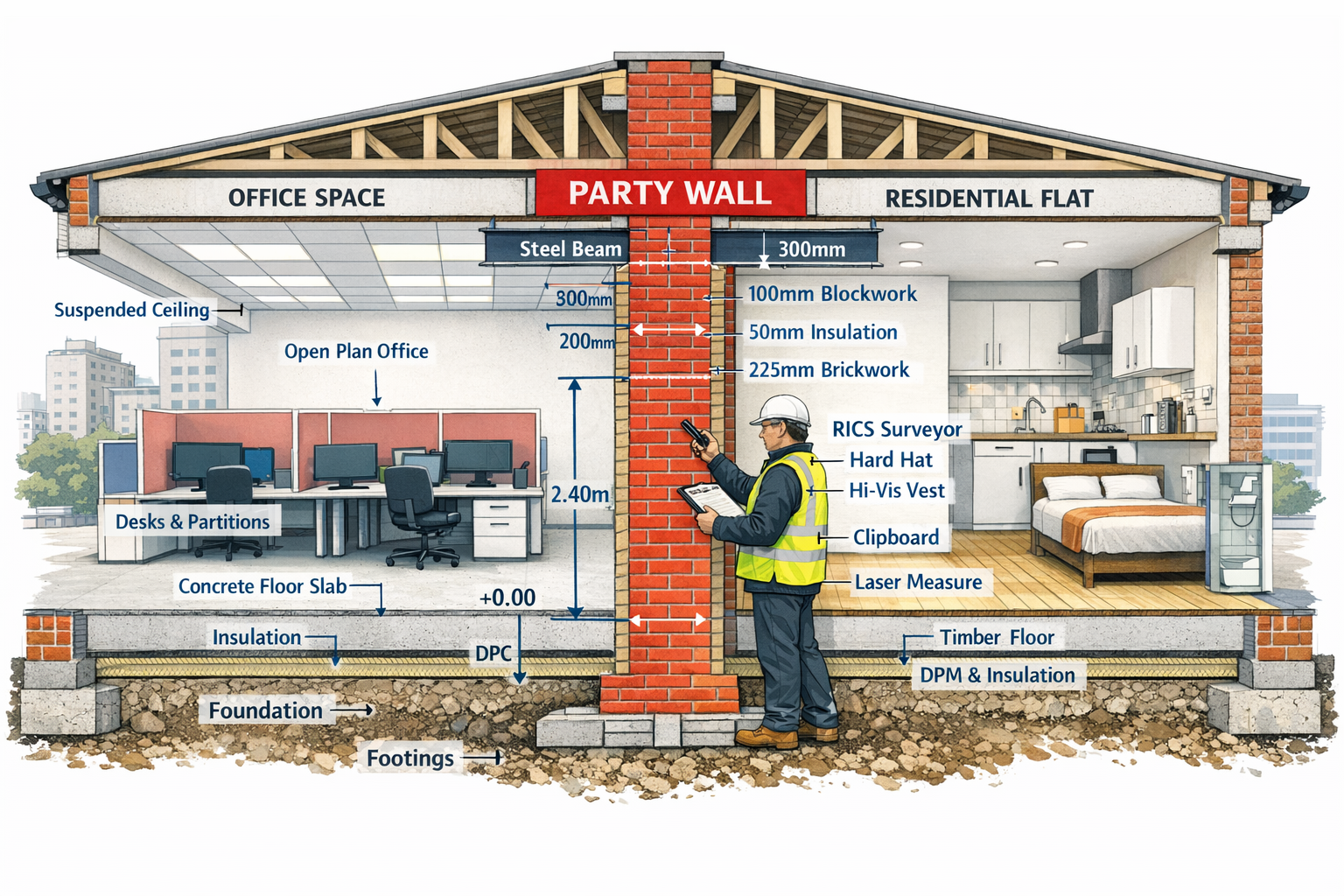 Detailed () architectural cross-section illustration showing party wall between two office units being converted to