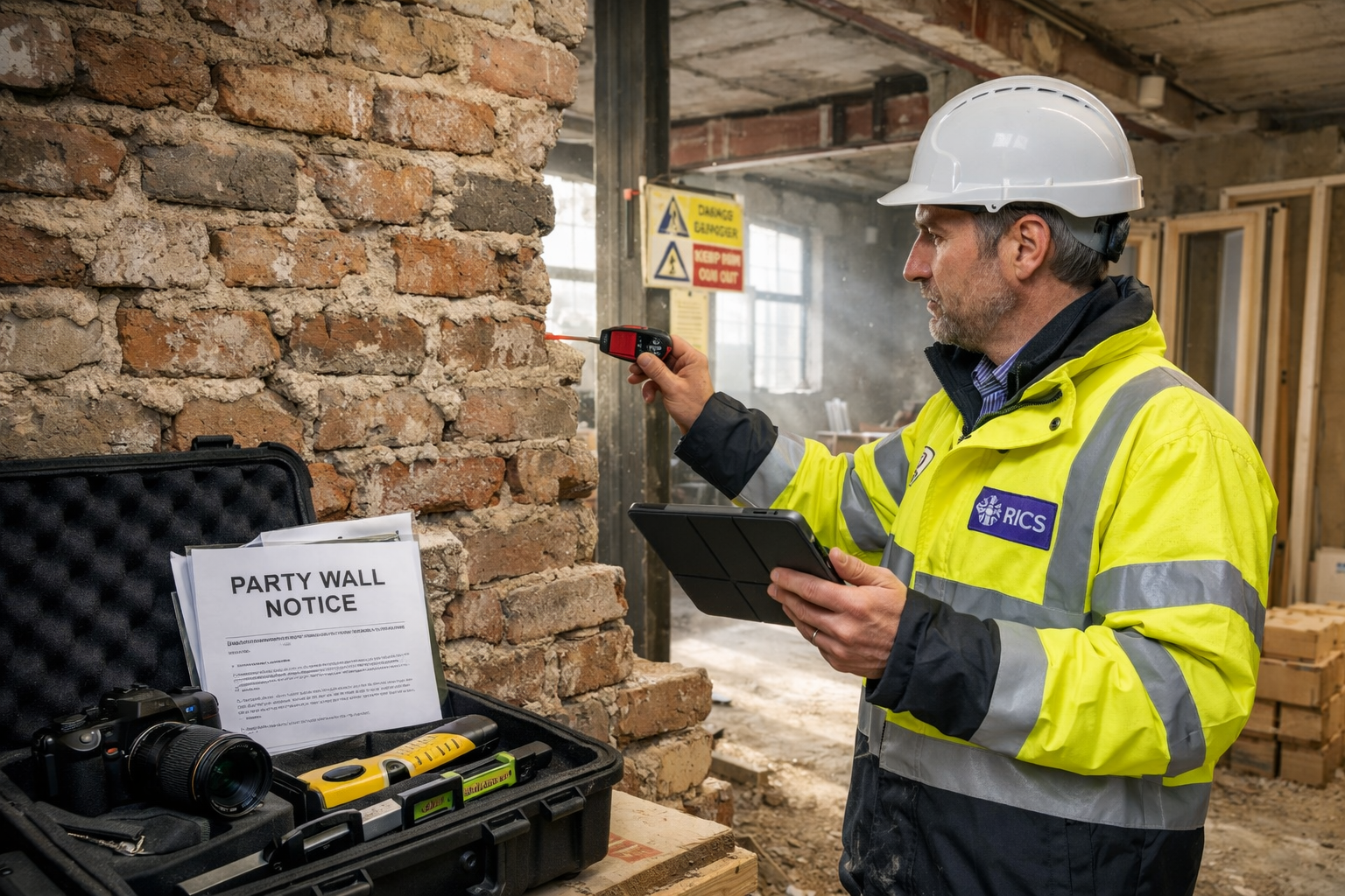 Detailed () professional photograph of RICS chartered surveyor conducting party wall inspection in active