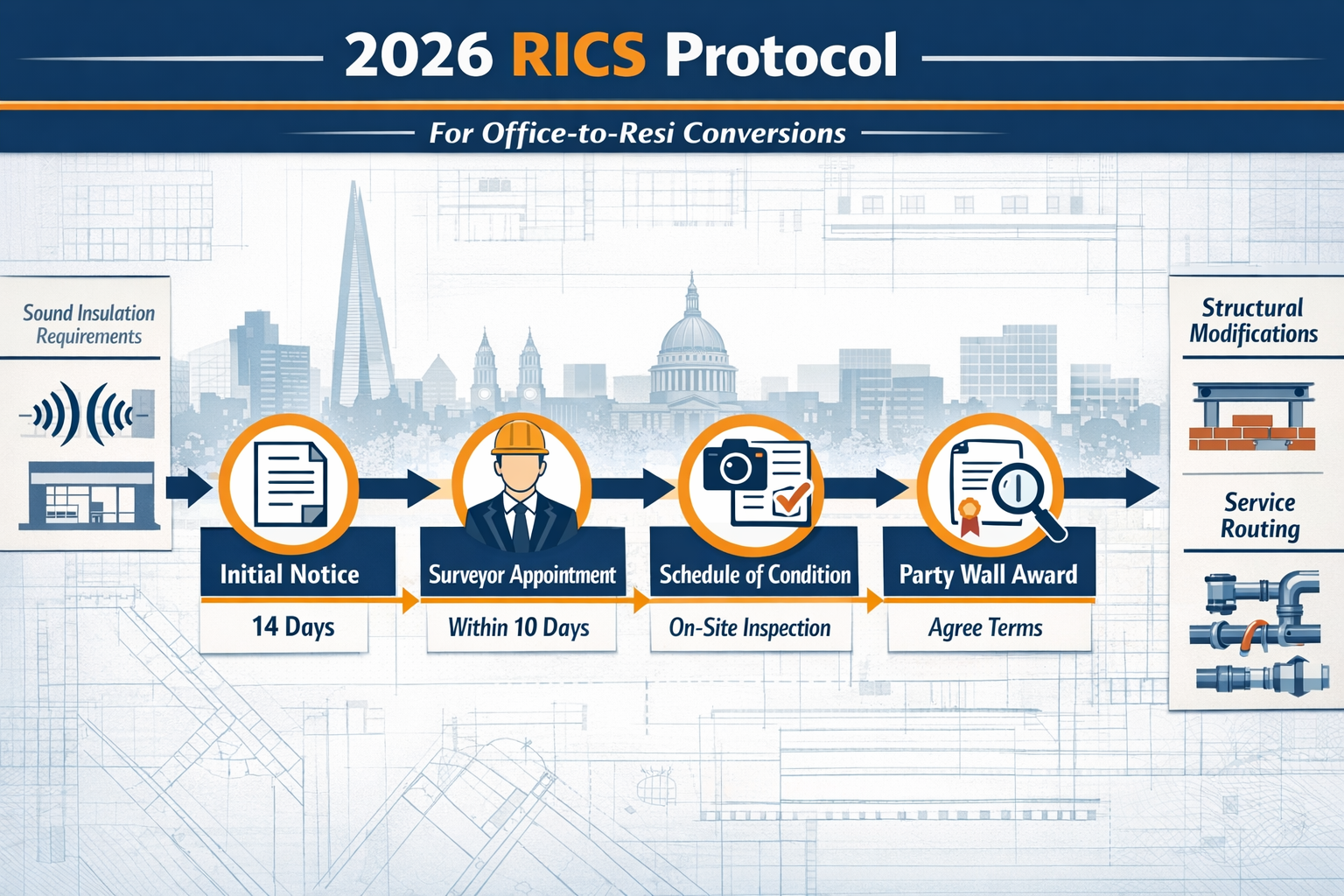 Detailed () infographic-style illustration showing flowchart of party wall survey process for office-to-resi conversions.