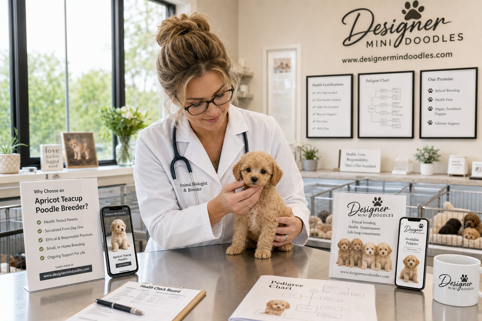 () editorial image of a professional dog breeder, an animal biologist in a clean white lab coat, gently examining a tiny