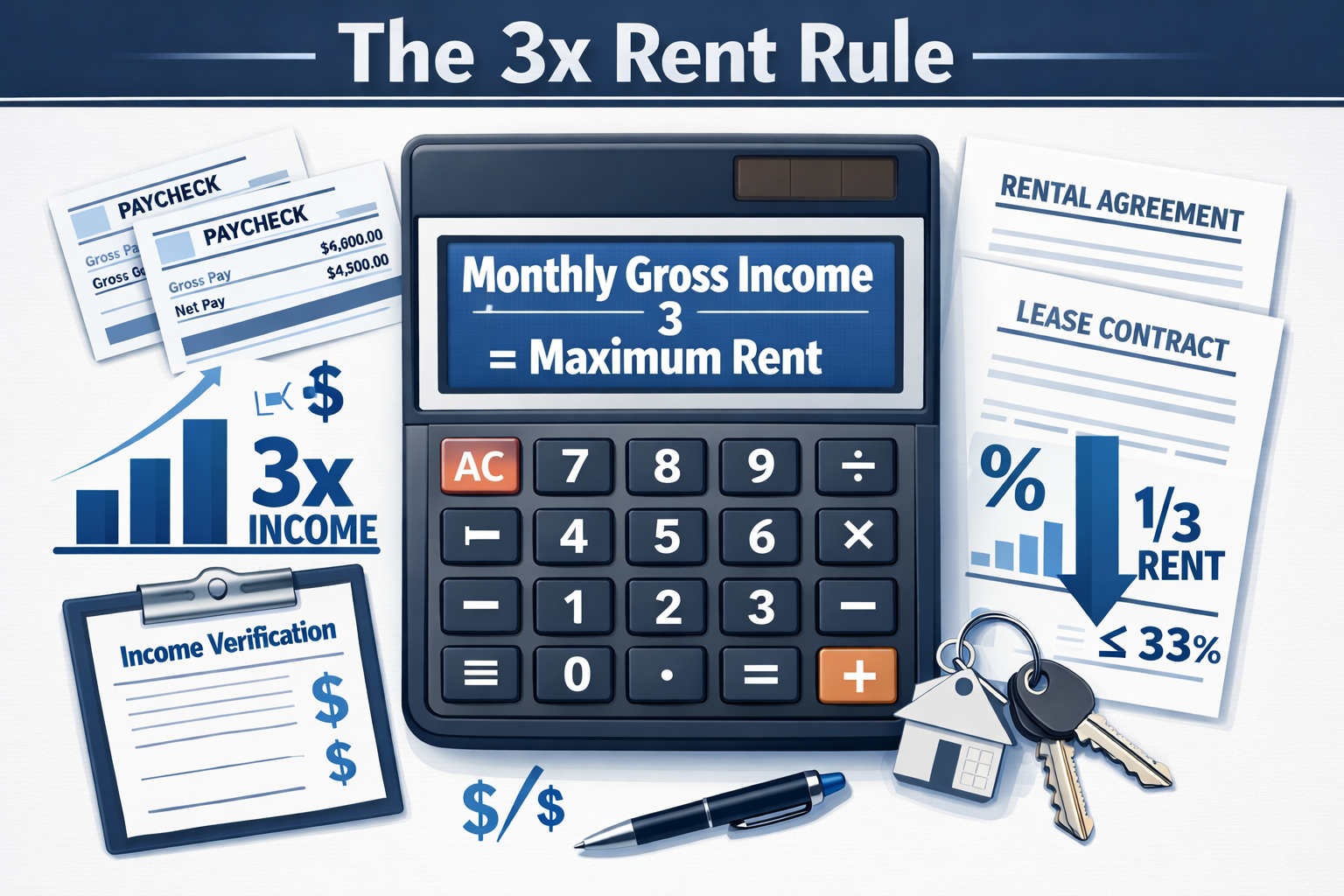 Landscape format (1536x1024) detailed infographic showing the 3x rent rule formula visualization with large calculator displaying 'Monthly G