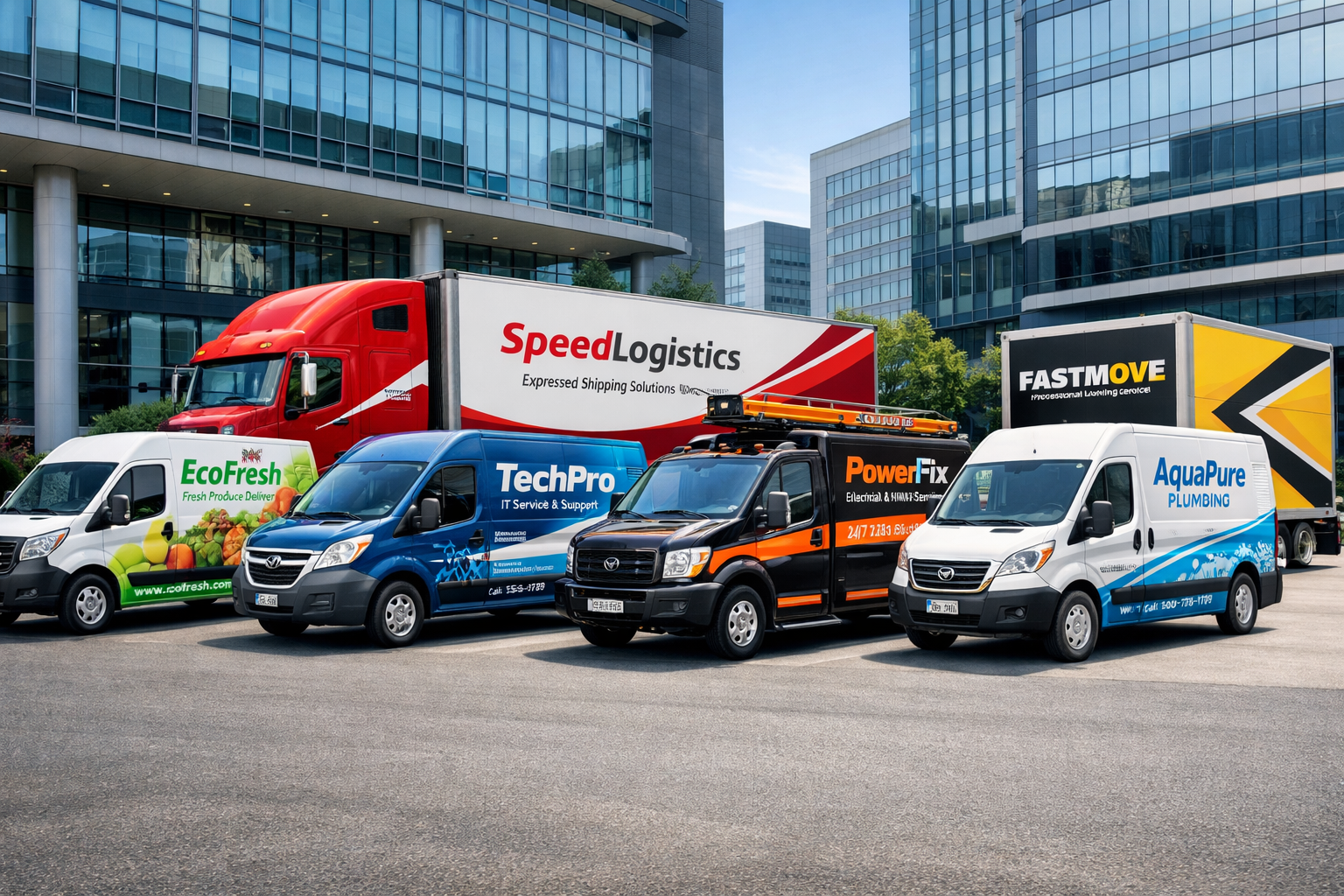 Detailed landscape format (1536x1024) image showing diverse commercial fleet vehicles (delivery vans, trucks, service vehicles) with various