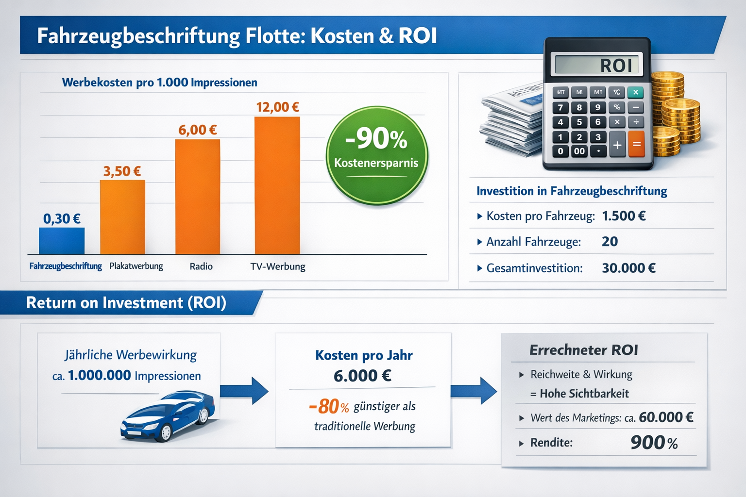 Professional landscape format (1536x1024) infographic-style image displaying cost breakdown charts and ROI calculations for fleet vehicle br
