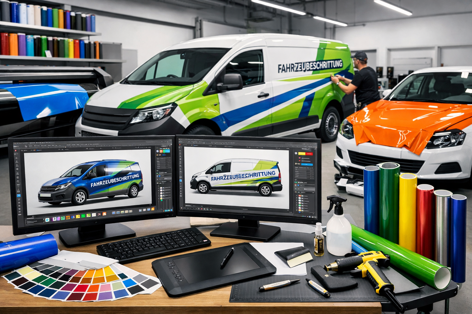 Detailed landscape format (1536x1024) image showcasing modern vehicle wrapping technology and design process, featuring high-quality vinyl m