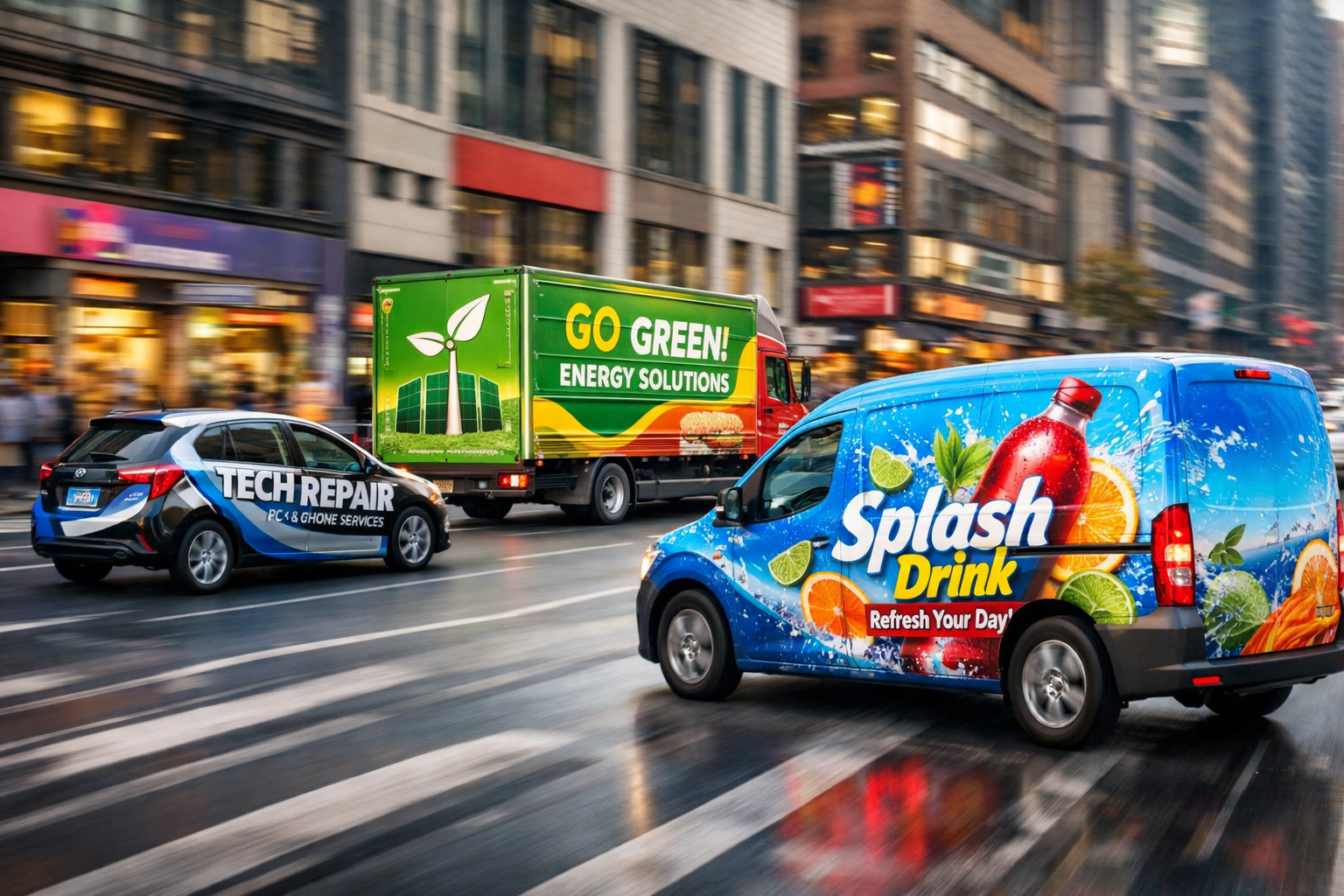 Professional landscape format (1536x1024) image showing fleet vehicles with eye-catching, creative vehicle wrap designs driving through urba