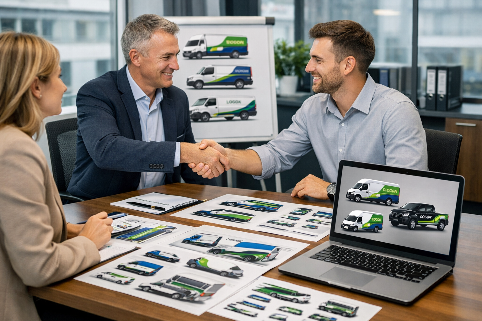 Detailed landscape format (1536x1024) image of business meeting or consultation scene with fleet managers reviewing vehicle branding proposa