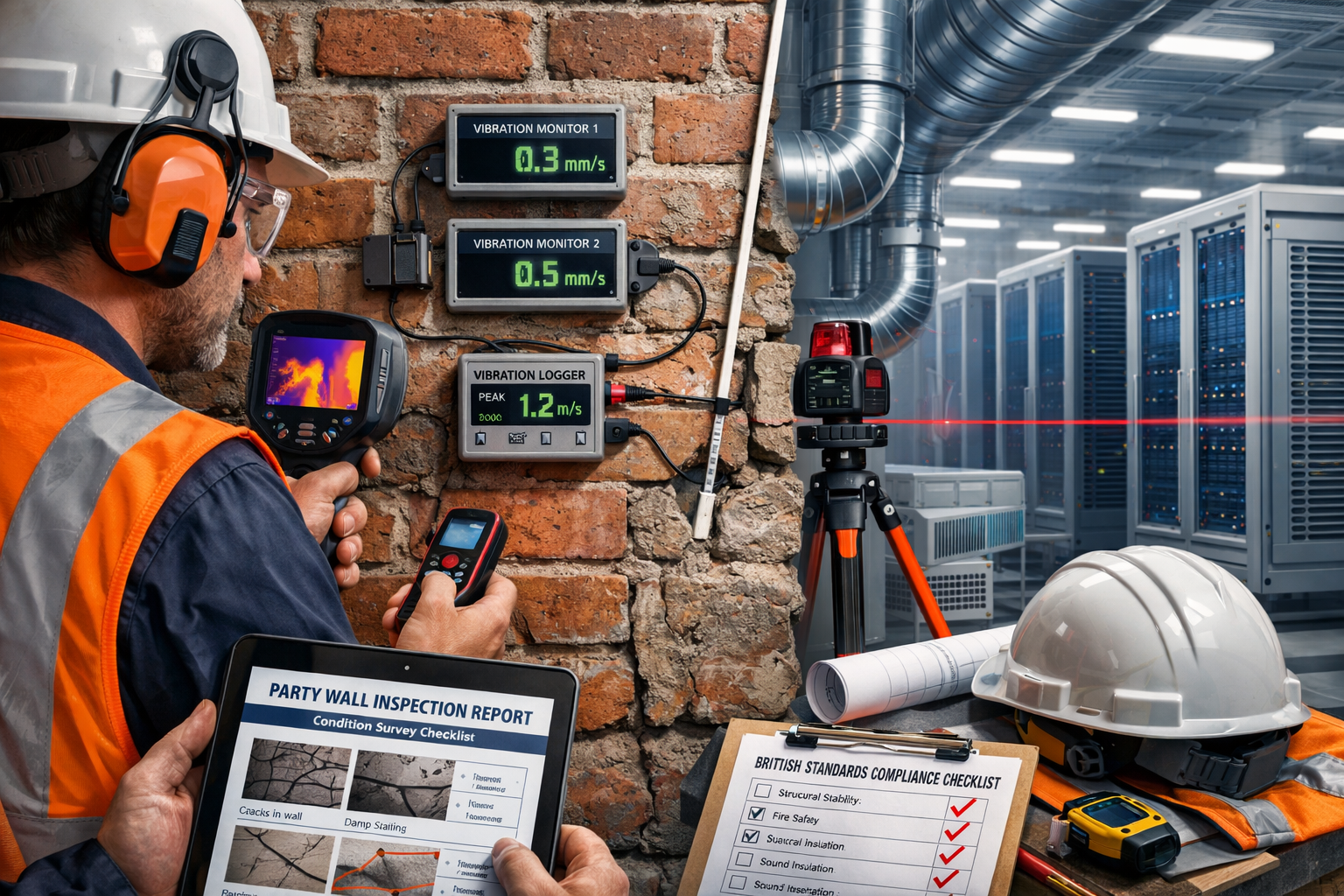 Detailed landscape format (1536x1024) image showing a professional surveyor conducting a comprehensive party wall inspection at a data centr