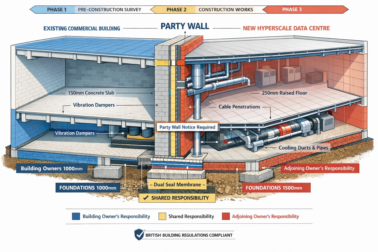 Landscape format (1536x1024) technical illustration showing a detailed cross-section of a party wall between an existing commercial building