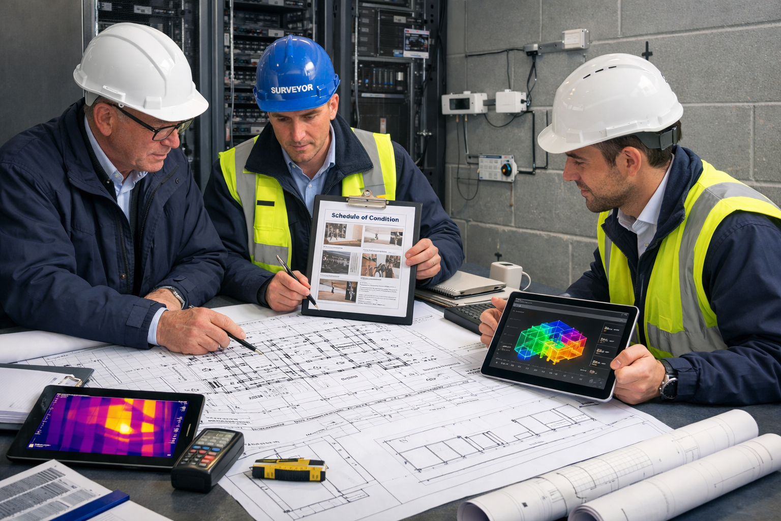 Professional landscape format (1536x1024) image depicting a formal party wall award documentation scene with three surveyors reviewing techn